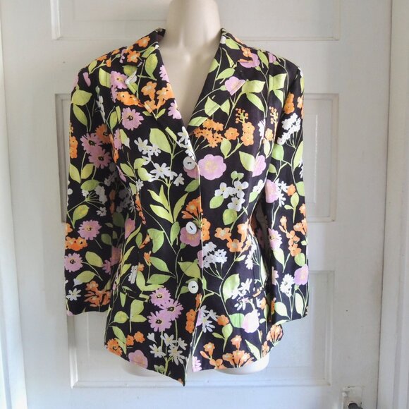 Sigrid Olsen Black & Orange Linen Blend Floral Jacket 8 - Picture 1 of 9